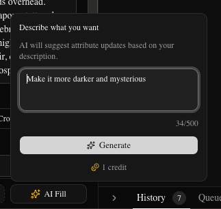 AI Fill popover with a description typed in (dark)