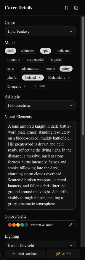BookClad attribute panel showing genre, mood, and art style selections (dark)