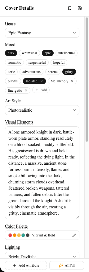 BookClad attribute panel showing genre, mood, and art style selections