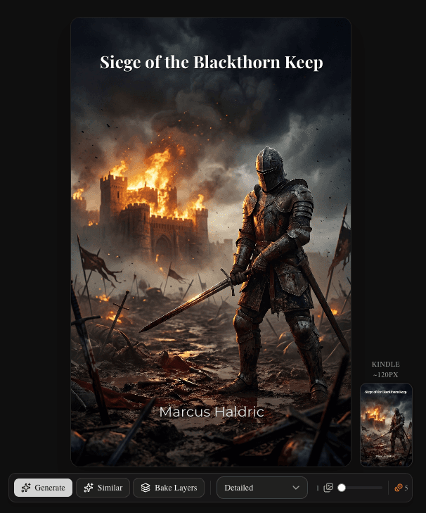 Editor canvas with flat text layer on cover art (dark)