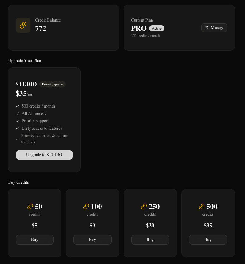 Billing page showing plan options and credit balance (dark)