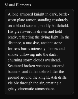 Brief textarea with an example book description (dark)