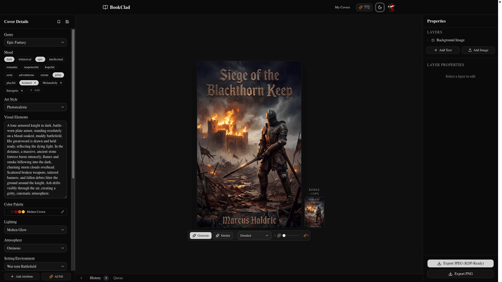Editor layout with left sidebar, canvas, and right sidebar (dark)