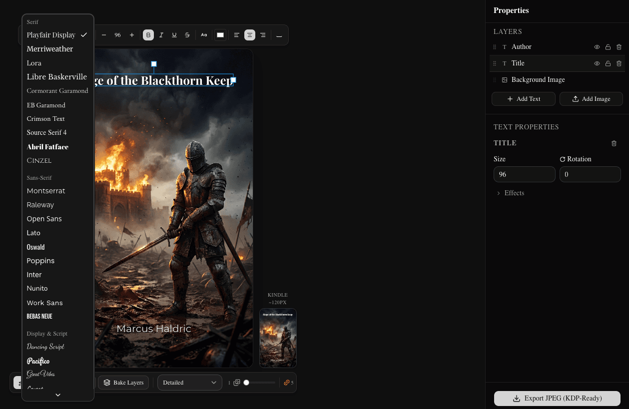 BookClad editor with text layer selected and floating typography toolbar visible (dark)