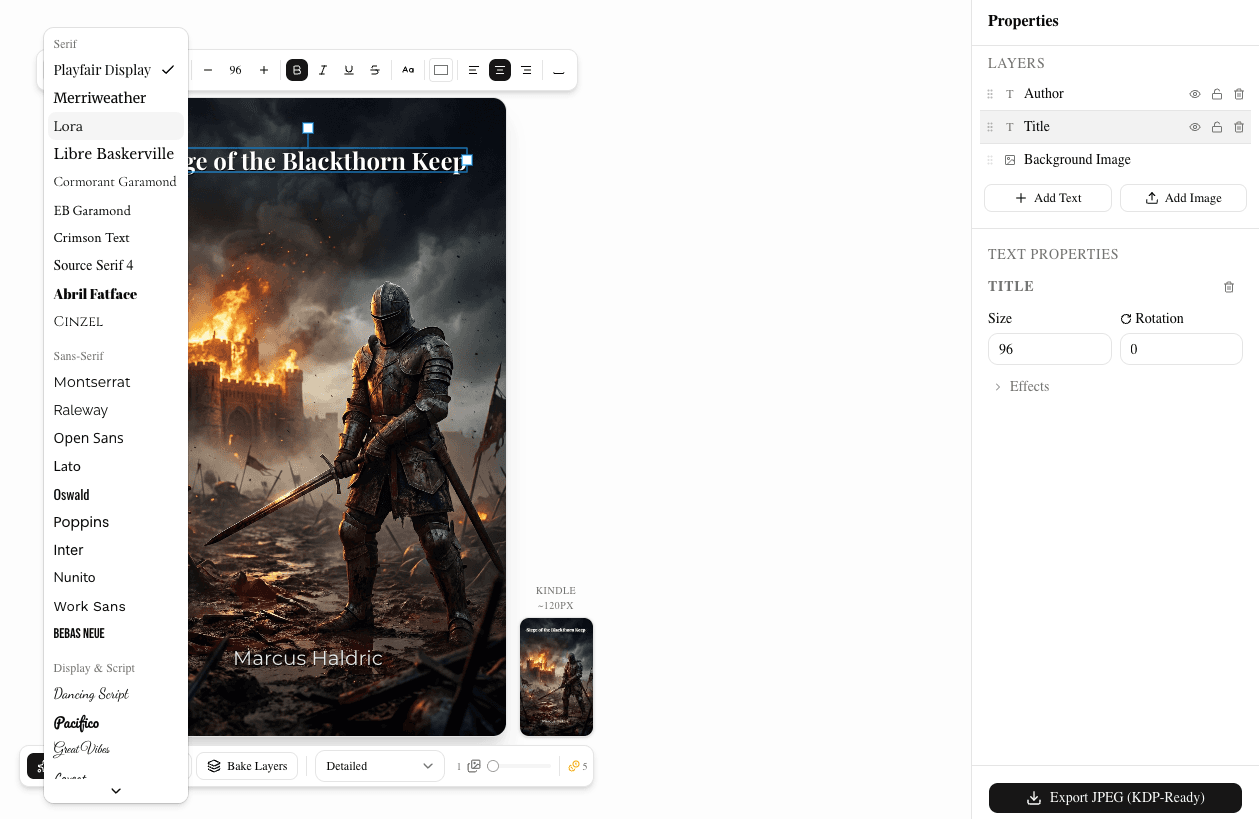 BookClad editor with text layer selected and floating typography toolbar visible