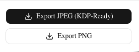 BookClad right sidebar showing Export JPEG and Export PNG buttons