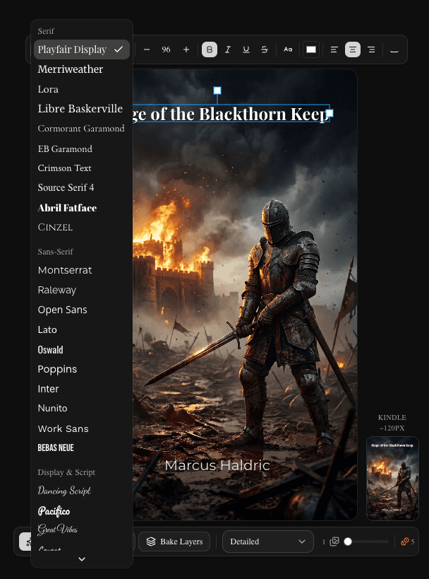 Floating text toolbar with font picker, size, color, and letter-spacing controls (dark)