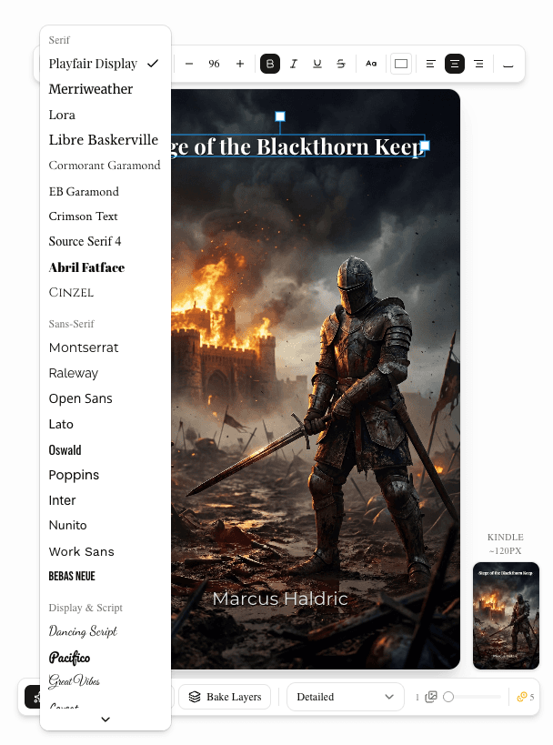 Floating text toolbar with font picker, size, color, and letter-spacing controls