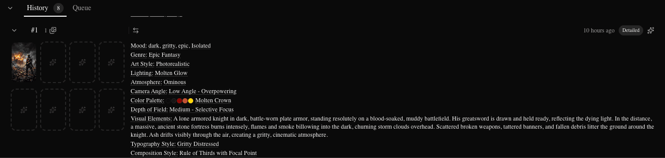 History tab with a completed generation showing cover options (dark)