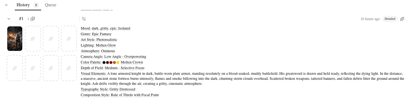 History tab with a completed generation showing cover options
