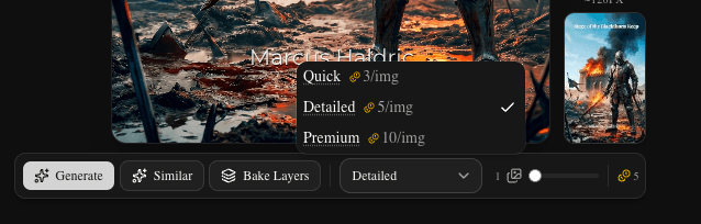BookClad model tier selector showing Quick, Detailed, and Premium options with credit costs (dark)