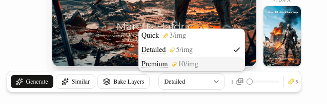 BookClad model tier selector showing Quick, Detailed, and Premium options with credit costs