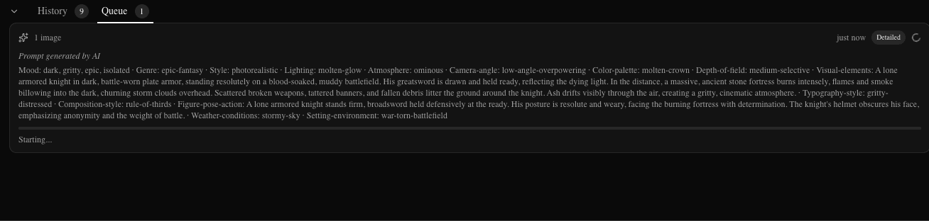 Editor with Queue tab showing a generation in progress (dark)