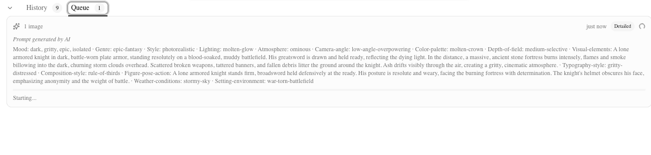Editor with Queue tab showing a generation in progress