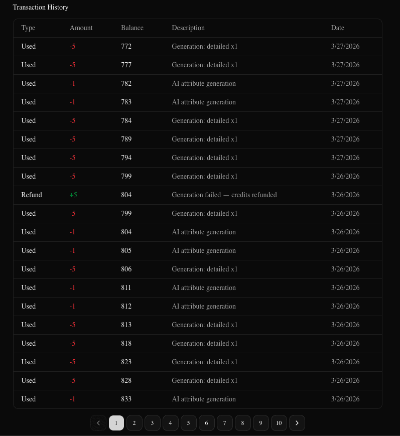 Billing page transaction history table (dark)