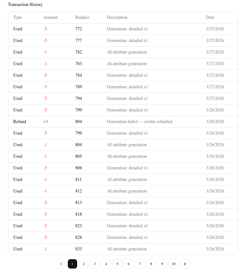 Billing page transaction history table